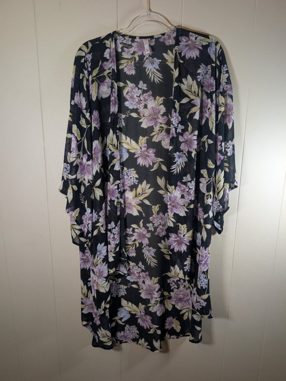 FLORAL Kimono Duster M/L Black Purple Sheer Chiffon Longline Boho Romantic